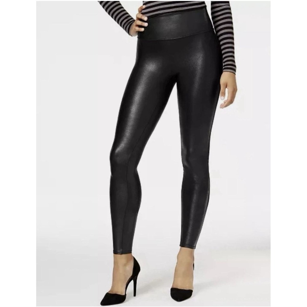 SPANX Shape Faux Leather Leggings Shiny Black Shaping Mid Rise‎ Sz XSP Petite